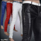 2016 men winter fashion skinny PU leather tight pants slim male black red white motorcycle PU faux leather zipper pants32286965173