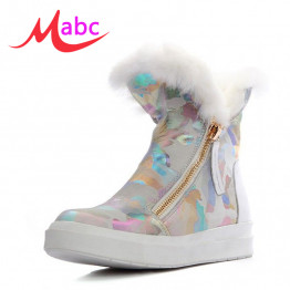 Brand Designer fashion Camouflage woman winter boots Real Leather ankle boots women warm plush snow boots platform shoes BJ270