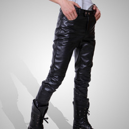 Casual Men Fashion Skinny Motorcycle Faux Leather Trousers Black Long Pants For Men Asia/Tag Size M-3XL (No Belt)