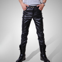 Casual Men Fashion Skinny Motorcycle Faux Leather Trousers Black Long Pants For Men Asia/Tag Size M-3XL (No Belt)