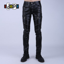 Fashion Night Club DJ Swag Skinny Mens Faux Leather PU Tight Black Joggers Biker Pants For Men Boys With Zippers