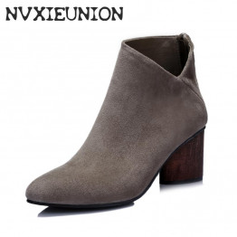 Genuine Leather Women Chunky High Heel Ankle Boots round Toe Band zipper Suede Leather Booties Fashion Design