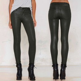 HDY Haoduoyi Solid Color Fashion Slim Pants Women Mid Waist Metallic Leather  Pencil Pants Casual Women Leather Pants