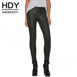 HDY Haoduoyi Solid Color Fashion Slim Pants Women Mid Waist Metallic Leather  Pencil Pants Casual Women Leather Pants