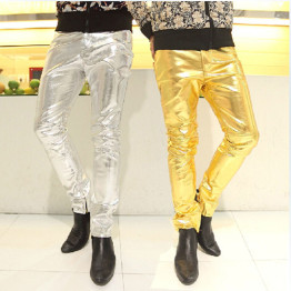 Mens Halloween Faux PU Leather Pants Shiny Silver Black and Gold Pants Trousers Nightclub Stage Costumes for Singers Dancer Male