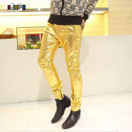 Mens Halloween Faux PU Leather Pants Shiny Silver Black and Gold Pants Trousers Nightclub Stage Costumes for Singers Dancer Male