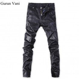 New Men's Skinny Leather Pants Skull Pattern Motorcycle Faux Leather Elasticity Brand Sweatpants Jeans Free Shipping 10-1