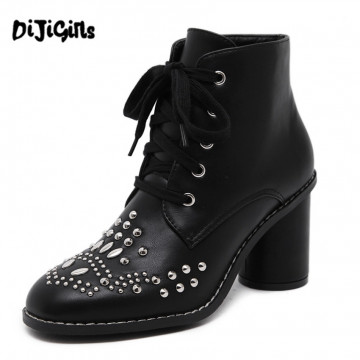 New brand design Lace-Up ankle boots fashion rivet punk style boots rough with strap heeled Shoes Women&#39;s Boots size 35-4032719923655