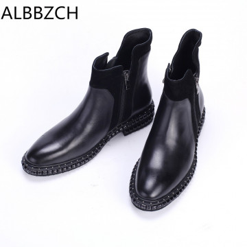 New mens business casual genuine leather boots fashion round toe slip on luxury brand designer high top men boots work boots 4432747871419
