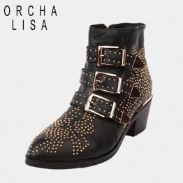 ORCHA LISA Band Genuine leather Motorcycle boots Biker Shoes Women Suede Pointed Snow Boots Brand Shoe Famous Designer Woman