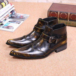 pointed toe men ankle boots genuine leather military boots fashion buckle brouge style design cowboy boots big yards size 45 46