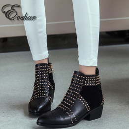 popular design pointed toe thick square heel riding rivets women Martin ankle boots fashion genuine leather boots size 34-43